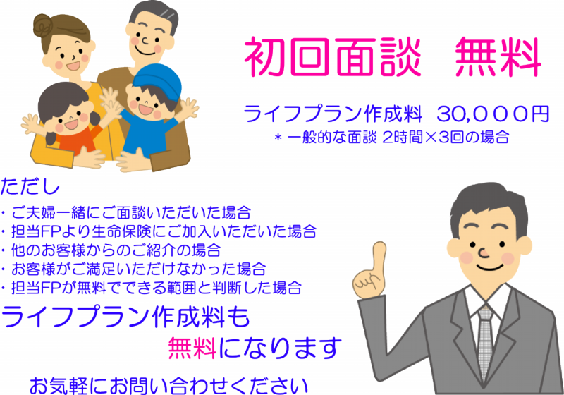 ライフプランについて、初回面談無料。ライフプラン作成料30,000円。ただし、ご夫婦一緒にご面談いただいた場合、担当FPより保険にご加入いただいた場合、他のお客さまからのご紹介の場合、お客様が満足いただけなかった場合、担当FPが無料で出来る範囲と判断した場合、ライフプラン作成料も無料になります。お気軽にお問い合わせ下さい。